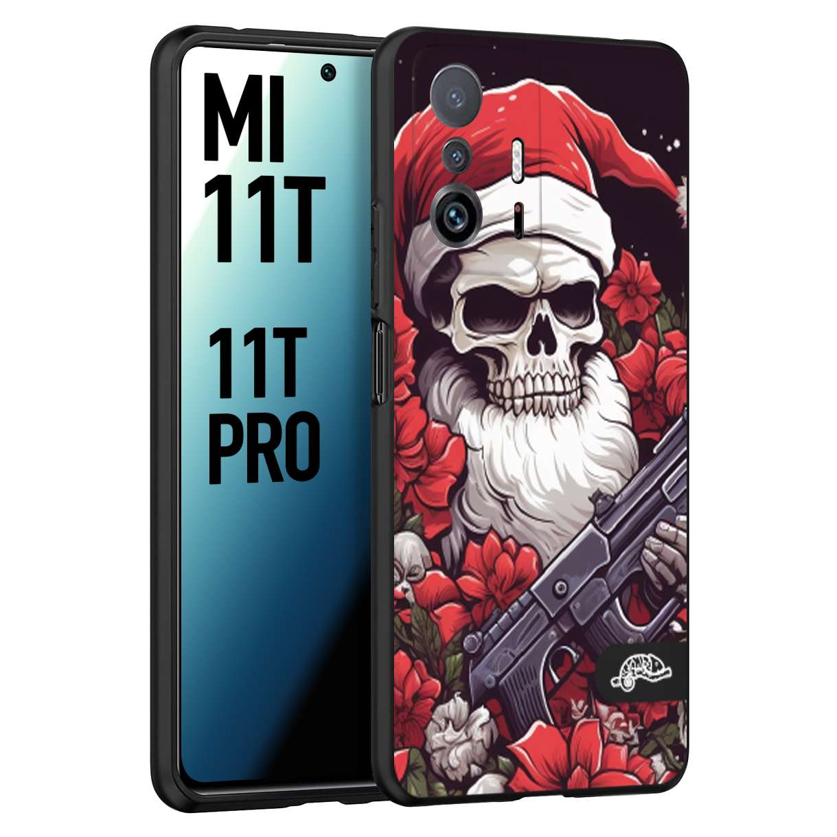 CUSTOMIZZA - Custodia cover nera morbida in tpu compatibile per Xiaomi Mi 11T - Mi 11T PRO teschio natale santa claus fiori tattoo disegnato