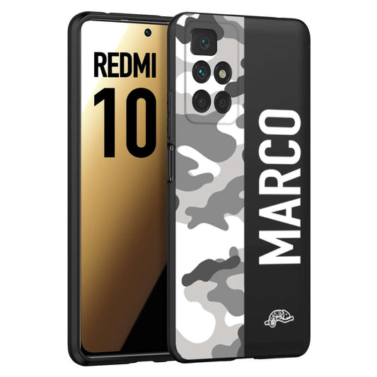 CUSTOMIZZA - Custodia cover nera morbida in tpu compatibile per Xiaomi Redmi 10 camouflage mimetico militare personalizzata nome bianco