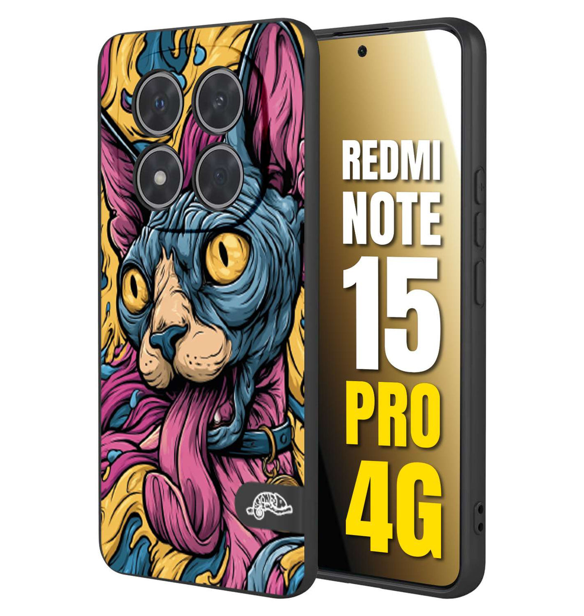 CUSTOMIZZA - Custodia cover nera morbida in tpu compatibile per Xiaomi Redmi Note 15 PRO 4G Sphynx Colorato Pop Art Psichedelico Gatto Blu Rosa Giallo Artistica Fantasy