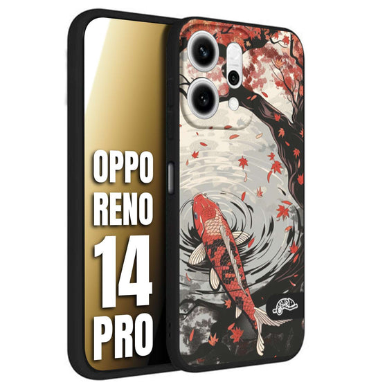 CUSTOMIZZA - Custodia cover nera morbida in tpu compatibile per Oppo Reno 14 PRO giapponese lago carpa koi rossa con foglie d'acero rosso disegnata tattoo