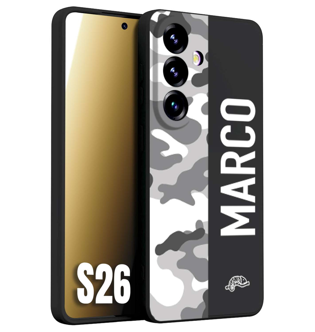 CUSTOMIZZA - Custodia cover nera morbida in tpu compatibile per Samsung S26 camouflage mimetico militare personalizzata nome bianco