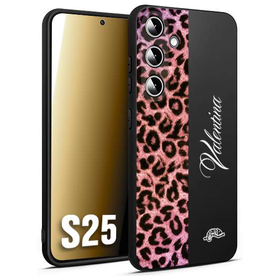 CUSTOMIZZA - Custodia cover nera morbida in tpu compatibile per Samsung S25 leopardato rosa fucsia personalizzata nome iniziali