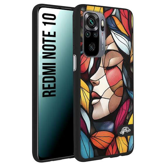CUSTOMIZZA - Custodia cover nera morbida in tpu compatibile per Xiaomi Redmi Note 10 Vetrata artistica volto di donna profilo fogliare mosaico di vetro colorato