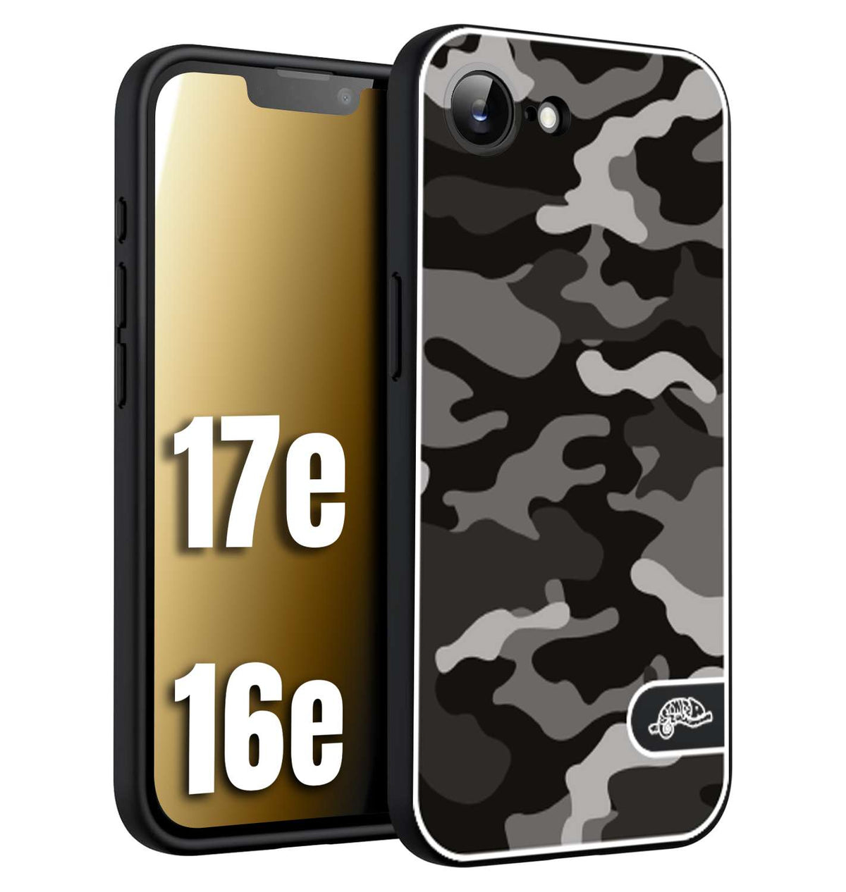 CUSTOMIZZA - Custodia cover nera morbida in tpu compatibile per iPhone 16E - 17E camouflage mimetico militare nero black grigio
