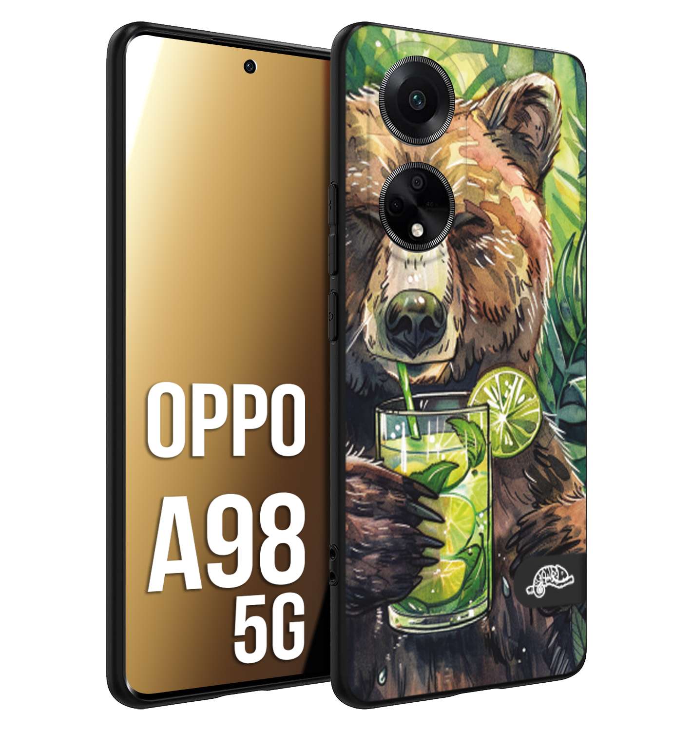 CUSTOMIZZA - Custodia cover nera morbida in tpu compatibile per Oppo A98 5G estate disegnata cocktails animali simpatici orso bear negroni