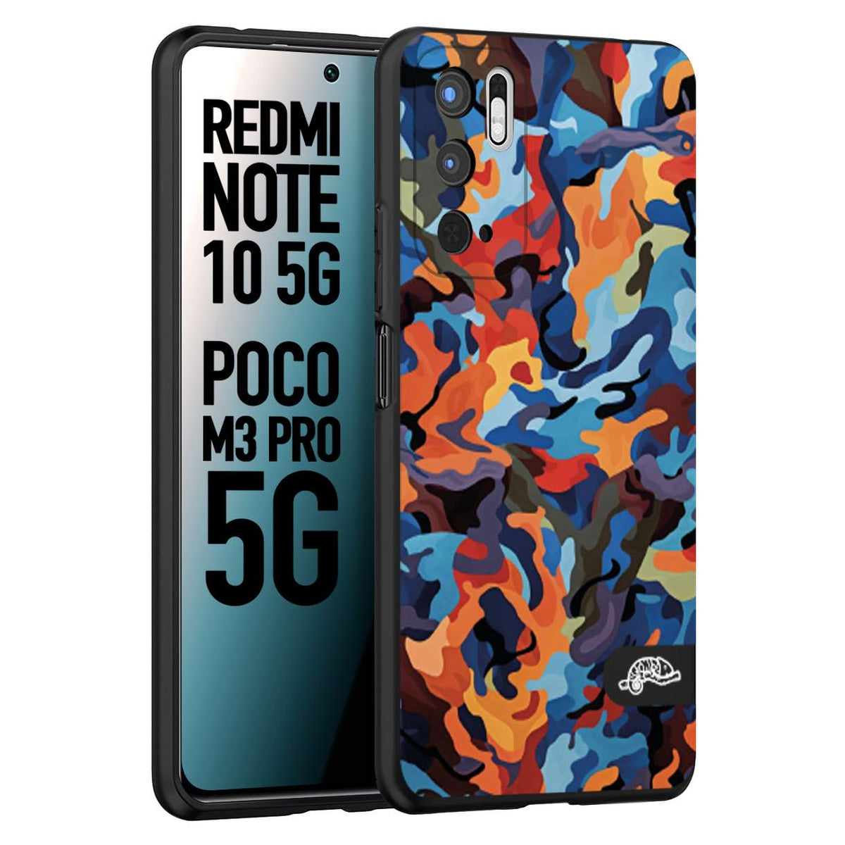 CUSTOMIZZA - Custodia cover nera morbida in tpu compatibile per Xiaomi Redmi Note 10 5G - Poco M3 Pro 5G camouflage mimetico militare moderno blu arancio rosso