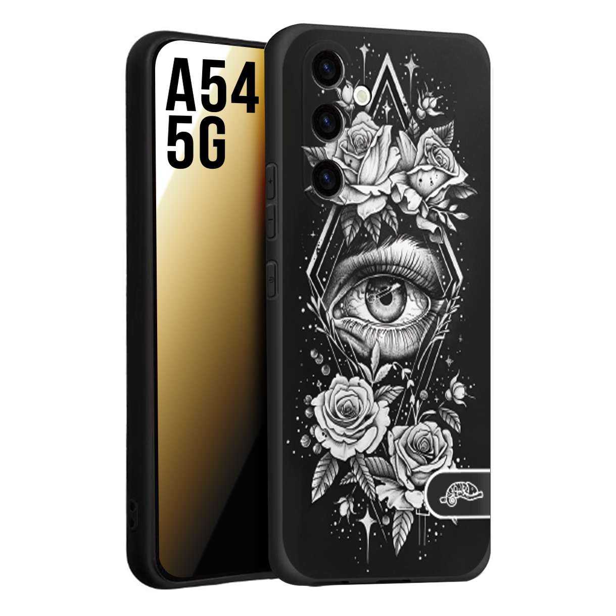 CUSTOMIZZA - Custodia cover nera morbida in tpu compatibile per Samsung A54 5G occhio fiori rombo geometrico black and white bianco a rilievo disegnato tattoo tatuaggio