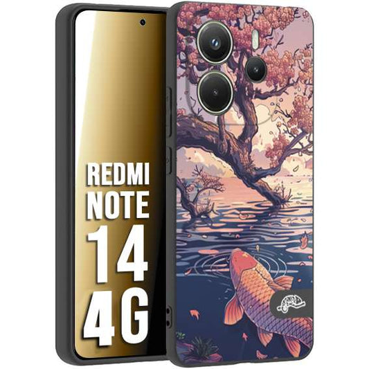 CUSTOMIZZA - Custodia cover nera morbida in tpu compatibile per Xiaomi Redmi Note 14 4G giapponese lago carpa koi rosa con foglie d'acero disegnata tattoo