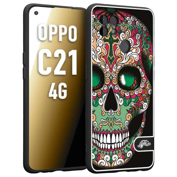 CUSTOMIZZA - Custodia cover nera morbida in tpu compatibile per Realme C21 4G teschio messicano Mexican skull verde fucsia