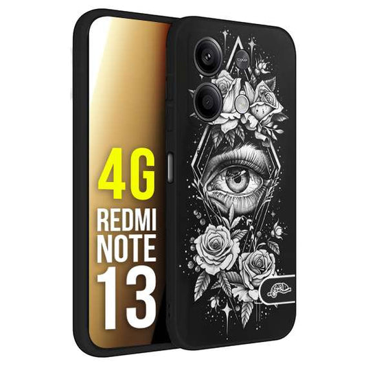 CUSTOMIZZA - Custodia cover nera morbida in tpu compatibile per Xiaomi Redmi Note 13 4G occhio fiori rombo geometrico black and white bianco a rilievo disegnato tattoo tatuaggio