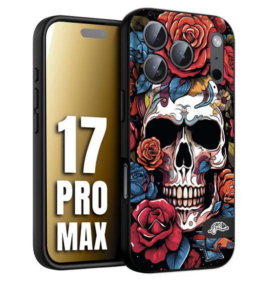 CUSTOMIZZA - Custodia cover nera morbida in tpu compatibile per iPhone 17 PRO MAX teschio skull flowers fiori rose rosse tattoo disegnato