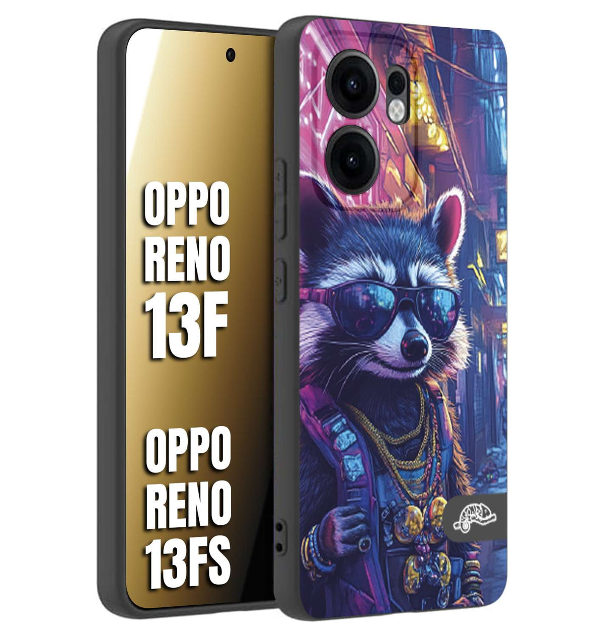 CUSTOMIZZA - Custodia cover nera morbida in tpu compatibile per Oppo Reno 13 F animali simpatici cyberpunk procione racoon street cat fucsia blu giallo
