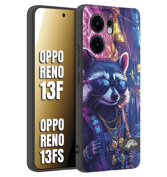 CUSTOMIZZA - Custodia cover nera morbida in tpu compatibile per Oppo Reno 13 F animali simpatici cyberpunk procione racoon street cat fucsia blu giallo