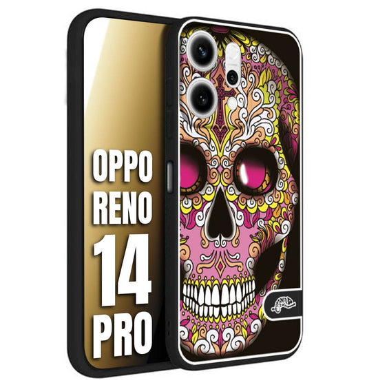 CUSTOMIZZA - Custodia cover nera morbida in tpu compatibile per Oppo Reno 14 PRO teschio messicano Mexican skull rosa gialla