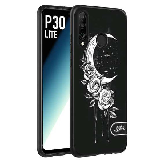 CUSTOMIZZA - Custodia cover nera morbida in tpu compatibile per Huawei P30 LITE luna e fiori moon flowers black and white bianco a rilievo disegnato tattoo tatuaggio