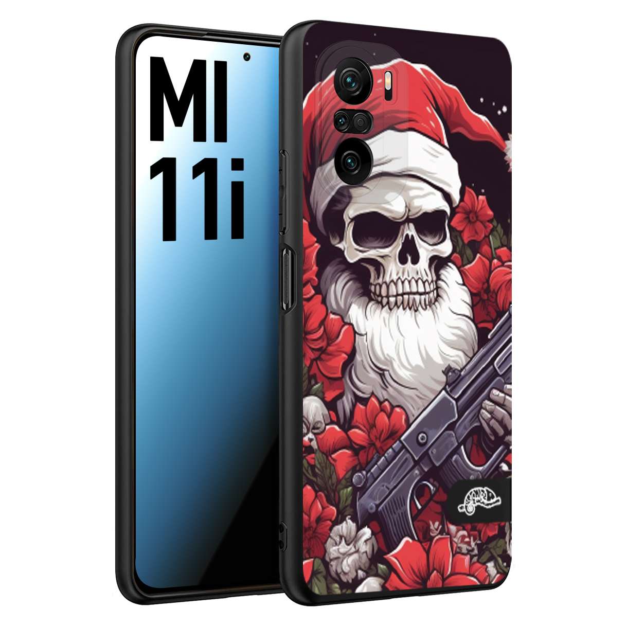 CUSTOMIZZA - Custodia cover nera morbida in tpu compatibile per Xiaomi Mi 11i teschio natale santa claus fiori tattoo disegnato