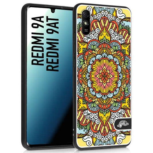 CUSTOMIZZA - Custodia cover nera morbida in tpu compatibile per Xiaomi Redmi 9A - 9AT mandala colorato fiore nuvole arancione