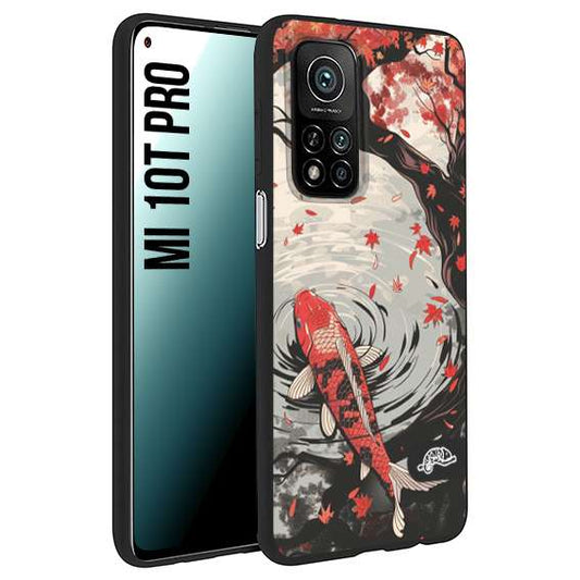 CUSTOMIZZA - Custodia cover nera morbida in tpu compatibile per Xiaomi Mi 10T PRO giapponese lago carpa koi rossa con foglie d'acero rosso disegnata tattoo