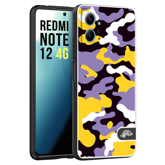 CUSTOMIZZA - Custodia cover nera morbida in tpu compatibile per Xiaomi Redmi Note 12 4G camouflage mimetico militare viola lilla giallo