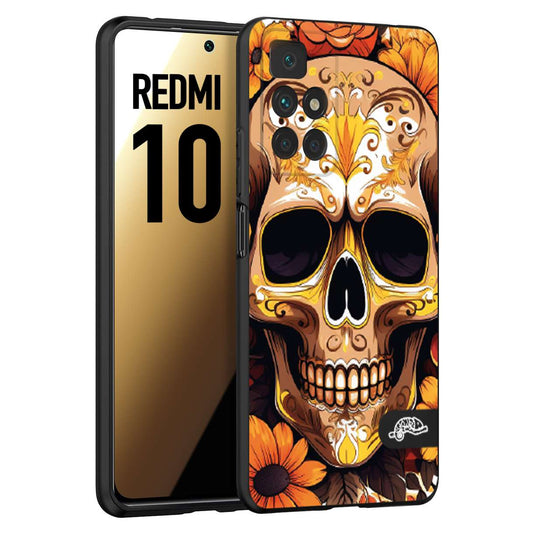 CUSTOMIZZA - Custodia cover nera morbida in tpu compatibile per Xiaomi Redmi 10 teschio messicano colorato dorato fiori tattoo disegnato