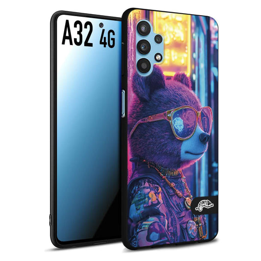 CUSTOMIZZA - Custodia cover nera morbida in tpu compatibile per Samsung A32 4G animali cyberpunk orsetto orso street bear fucsia blu night