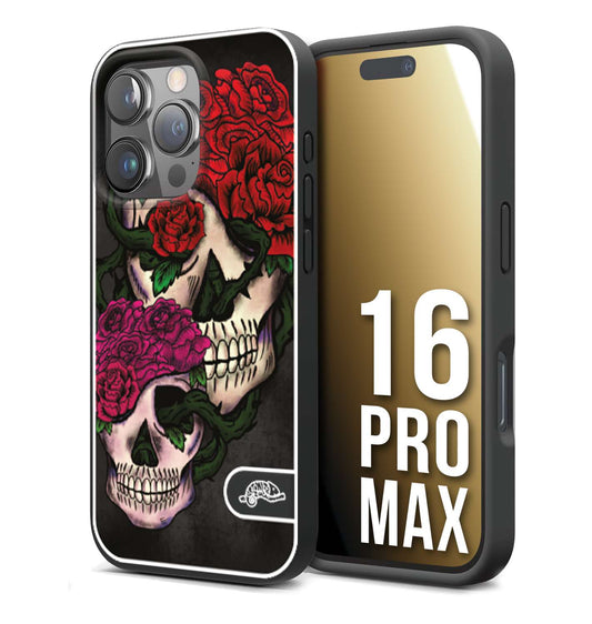 CUSTOMIZZA - Custodia cover nera morbida in tpu compatibile per iPhone 16 PRO MAX teschi e rose rosse fucsia skull and roses