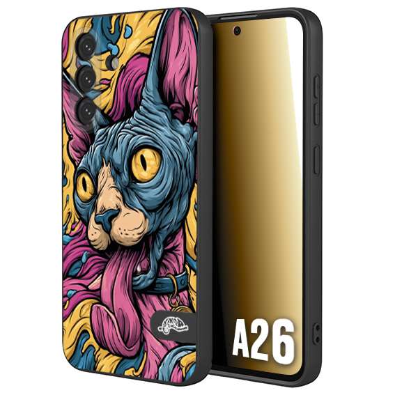 CUSTOMIZZA - Custodia cover nera morbida in tpu compatibile per Samsung A26 Sphynx Colorato Pop Art Psichedelico Gatto Blu Rosa Giallo Artistica Fantasy