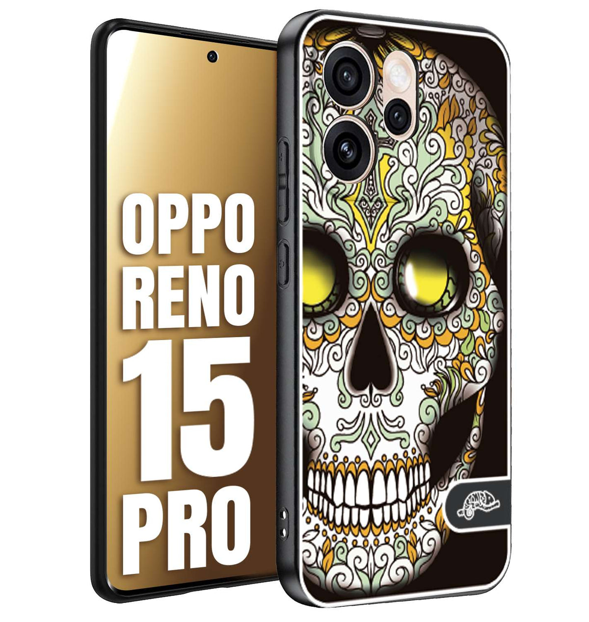 CUSTOMIZZA - Custodia cover nera morbida in tpu compatibile per Oppo Reno 15 PRO teschio messicano Mexican skull bianco verde giallo