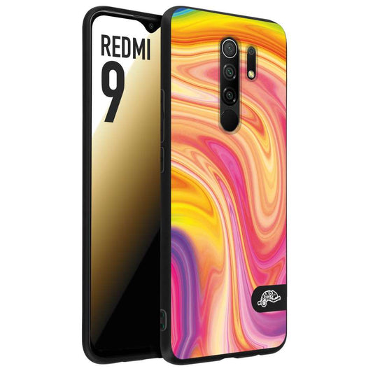 CUSTOMIZZA - Custodia cover nera morbida in tpu compatibile per Xiaomi Redmi 9 colorata fantasia vortice marmo onde rosa fucsia gialla