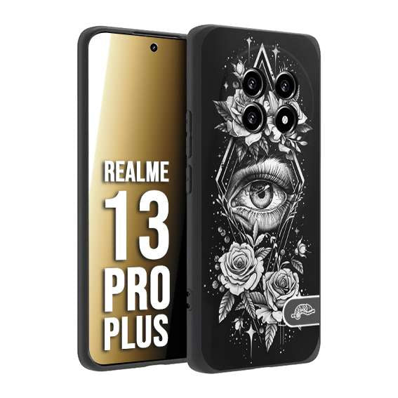 CUSTOMIZZA - Custodia cover nera morbida in tpu compatibile per Realme 13 PRO PLUS occhio fiori rombo geometrico black and white bianco a rilievo disegnato tattoo tatuaggio