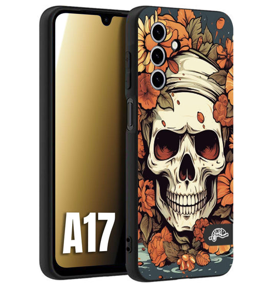 CUSTOMIZZA - Custodia cover nera morbida in tpu compatibile per Samsung A17 teschio skull flowers fiori tattoo disegnato alta definizione