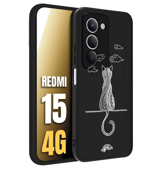 CUSTOMIZZA - Custodia cover nera morbida in tpu compatibile per Xiaomi Redmi 15 4G gatto mandala stilizzato gattino a rilievo soft touch donna bianca