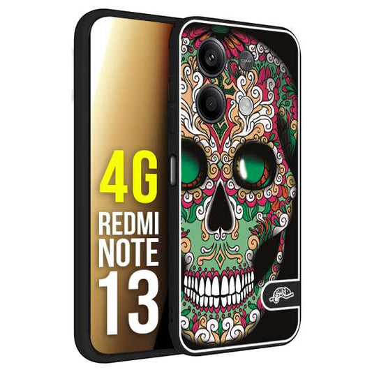 CUSTOMIZZA - Custodia cover nera morbida in tpu compatibile per Xiaomi Redmi Note 13 4G teschio messicano Mexican skull verde fucsia