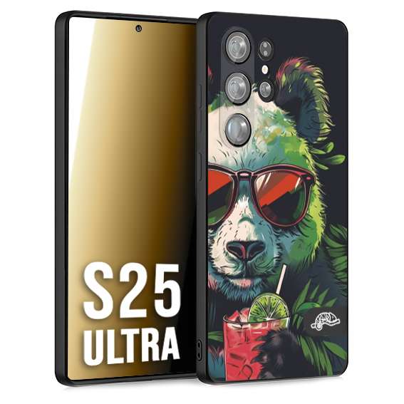 CUSTOMIZZA - Custodia cover nera morbida in tpu compatibile per Samsung S25 ULTRA estate disegnata cocktails animali simpatici panda mojito