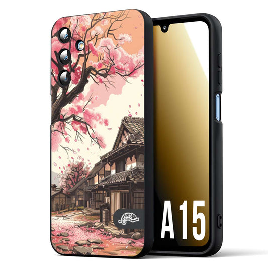 CUSTOMIZZA - Custodia cover nera morbida in tpu compatibile per Samsung A15 5G casa giapponese rosa ciliegio in fiore disegnata tattoo