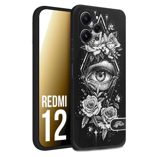 CUSTOMIZZA - Custodia cover nera morbida in tpu compatibile per Xiaomi Redmi 12 occhio fiori rombo geometrico black and white bianco a rilievo disegnato tattoo tatuaggio