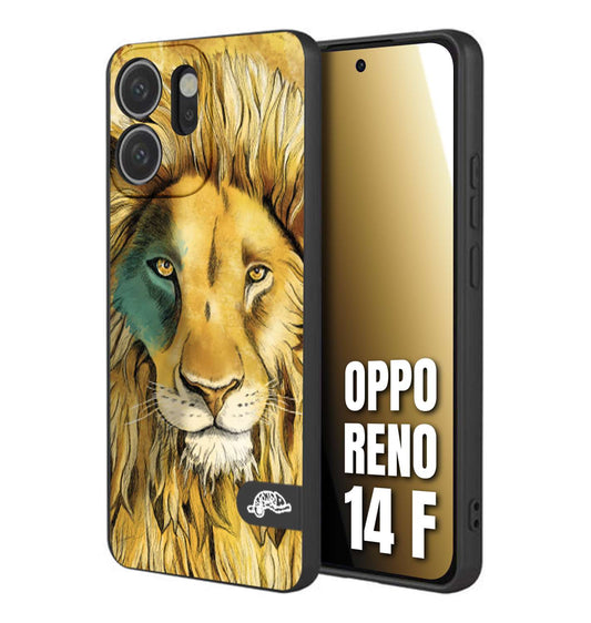 CUSTOMIZZA - Custodia cover nera morbida in tpu compatibile per Oppo Reno 14 F leone lion disegnato a mano giallo blu a rilievo artistico brown