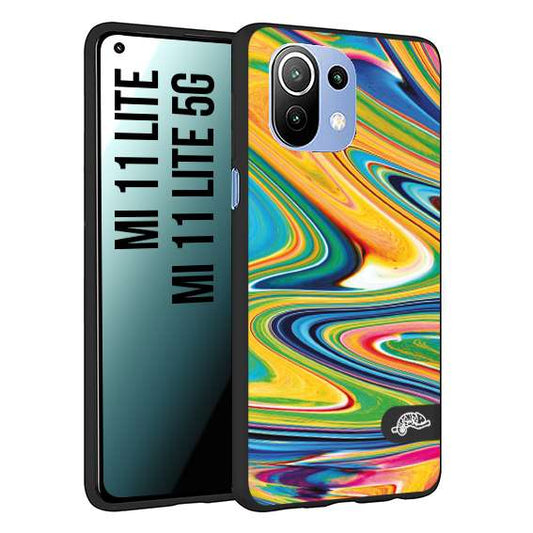 CUSTOMIZZA - Custodia cover nera morbida in tpu compatibile per Xiaomi Mi 11 Lite / Mi 11 Lite 5G colorata fantasia vortice marmo arcobaleno gialla verde blu