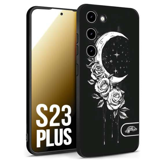 CUSTOMIZZA - Custodia cover nera morbida in tpu compatibile per Samsung S23 PLUS luna e fiori moon flowers black and white bianco a rilievo disegnato tattoo tatuaggio