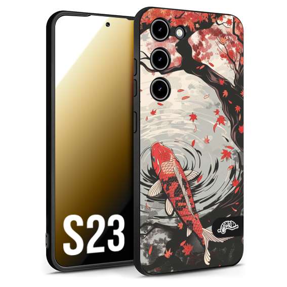 CUSTOMIZZA - Custodia cover nera morbida in tpu compatibile per Samsung S23 giapponese lago carpa koi rossa con foglie d'acero rosso disegnata tattoo