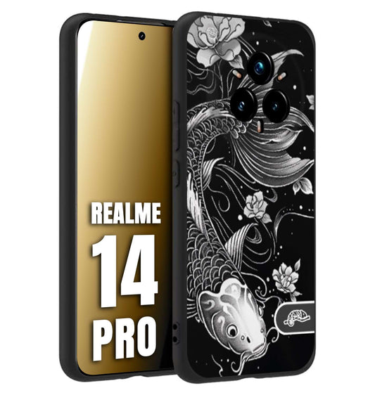 CUSTOMIZZA - Custodia cover nera morbida in tpu compatibile per Realme 14 PRO carpa koi black and white bianco a rilievo disegnato tattoo tatuaggio