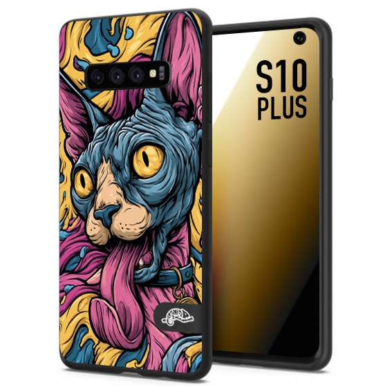 CUSTOMIZZA - Custodia cover nera morbida in tpu compatibile per Samsung S10 PLUS Sphynx Colorato Pop Art Psichedelico Gatto Blu Rosa Giallo Artistica Fantasy