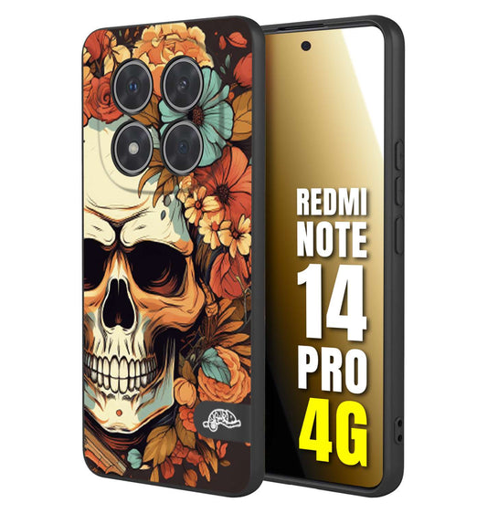 CUSTOMIZZA - Custodia cover nera morbida in tpu compatibile per Xiaomi Redmi Note 14 PRO 4G teschio skull flowers fiori autunnali arancio celeste tattoo