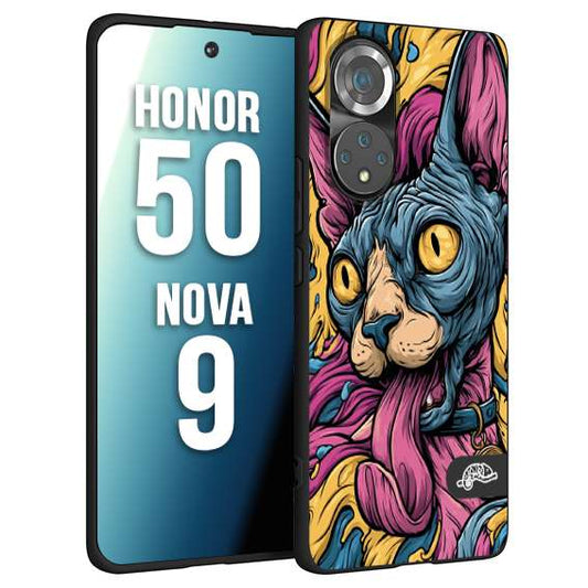 CUSTOMIZZA - Custodia cover nera morbida in tpu compatibile per Huawei Nova 9 - Honor 50 Sphynx Colorato Pop Art Psichedelico Gatto Blu Rosa Giallo Artistica Fantasy