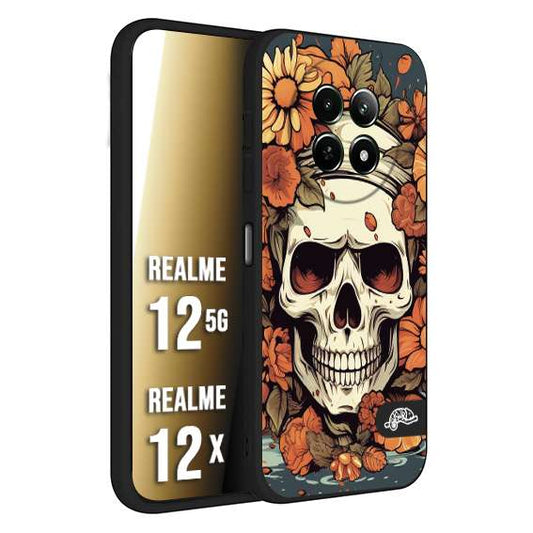 CUSTOMIZZA - Custodia cover nera morbida in tpu compatibile per Realme 12 5G - 12X teschio skull flowers fiori tattoo disegnato alta definizione