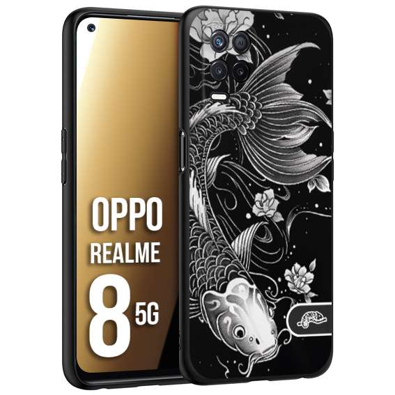 CUSTOMIZZA - Custodia cover nera morbida in tpu compatibile per Oppo Realme 8 5G carpa koi black and white bianco a rilievo disegnato tattoo tatuaggio