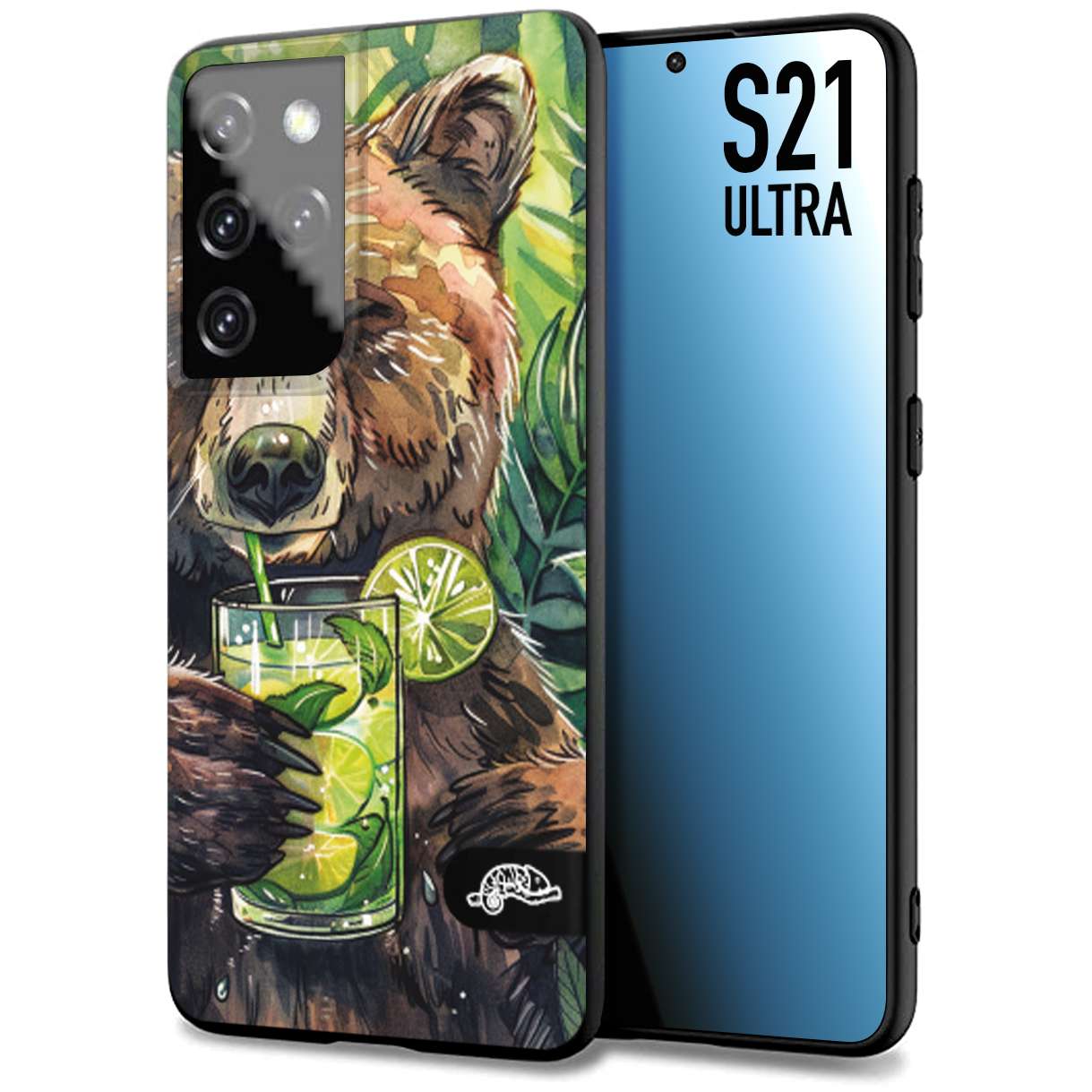 CUSTOMIZZA - Custodia cover nera morbida in tpu compatibile per Samsung S21 ULTRA estate disegnata cocktails animali simpatici orso bear negroni