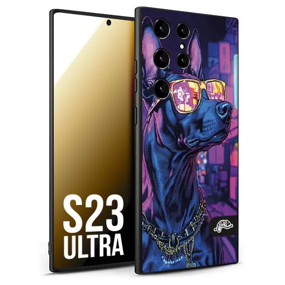 CUSTOMIZZA - Custodia cover nera morbida in tpu compatibile per Samsung S23 ULTRA animali cyberpunk dobermann cane street dog fucsia blu night