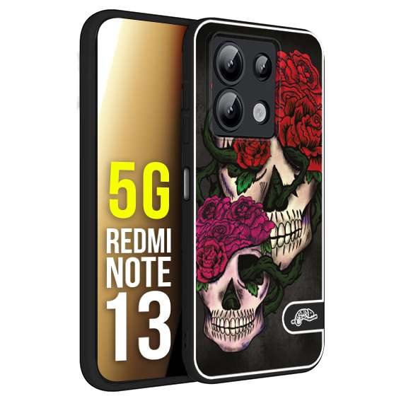 CUSTOMIZZA - Custodia cover nera morbida in tpu compatibile per Xiaomi Redmi Note 13 5G teschi e rose rosse fucsia skull and roses