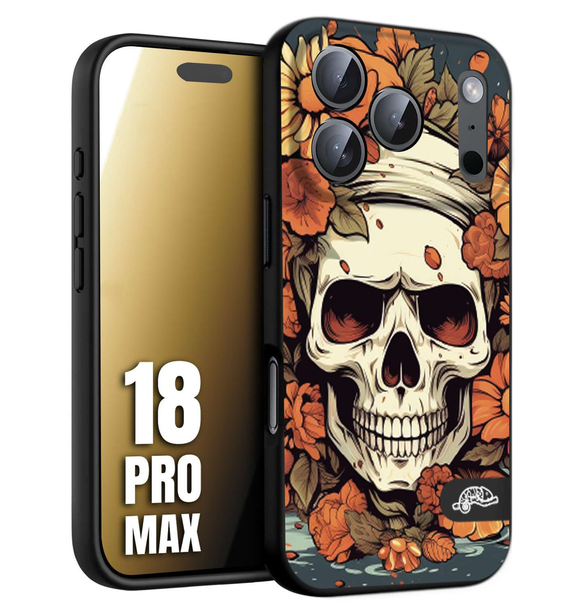 CUSTOMIZZA - Custodia cover nera morbida in tpu compatibile per iPhone 18 PRO MAX teschio skull flowers fiori tattoo disegnato alta definizione